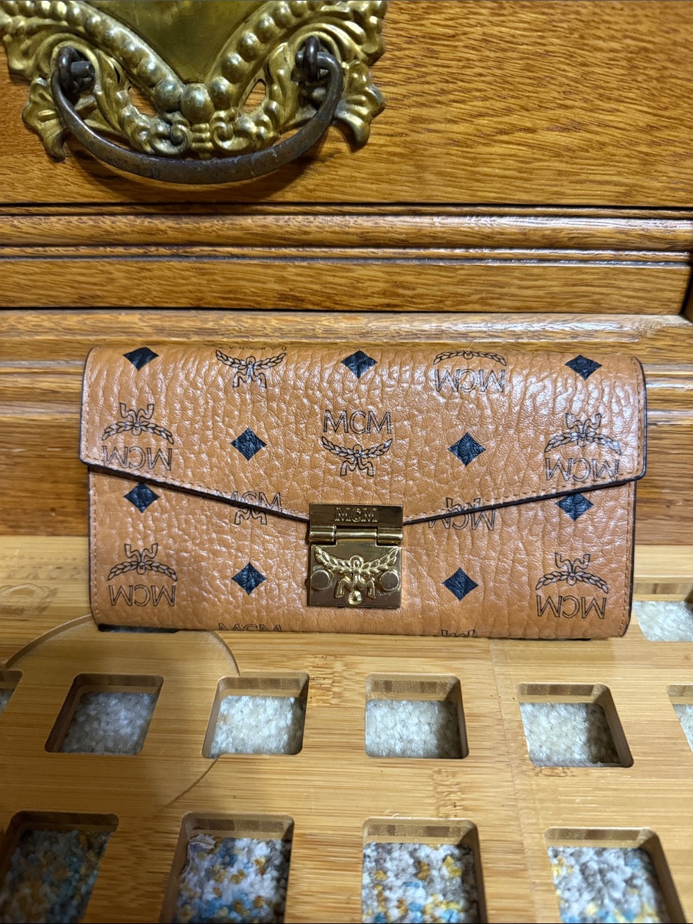 MCM Tan Visetos Logo Lock Continental Wallet
